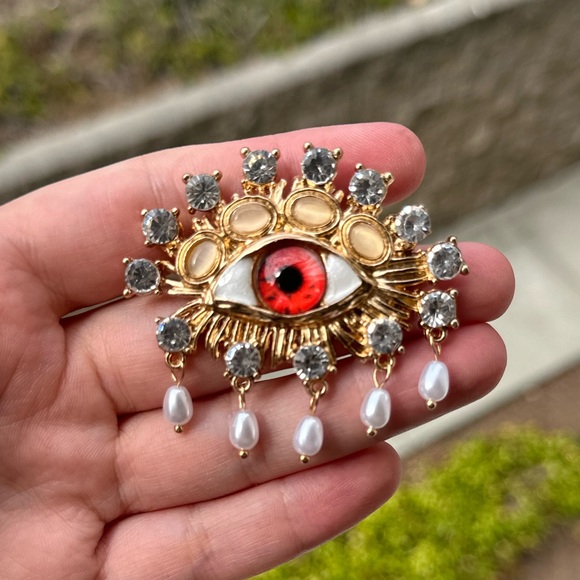 Eye Crystal Brooch – Statement Evil Eye Pin with Pearls & Rhinestones - Picture 1 of 3
